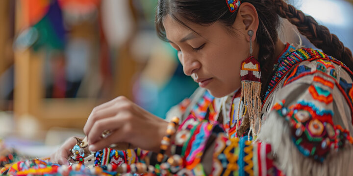 Woman Crafting Intricate Beaded Jewelry in Traditional Colorful Attire