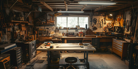 Cozy Woodworking Workshop with Tools and Workbench in Natural Light