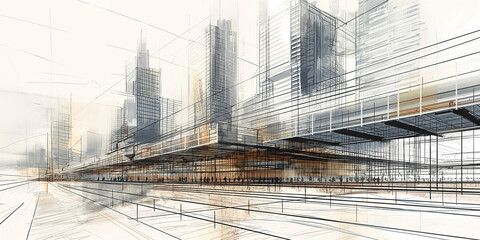 Futuristic Urban Cityscape Concept with Modern Skyscrapers and Transparent Architectural Elements