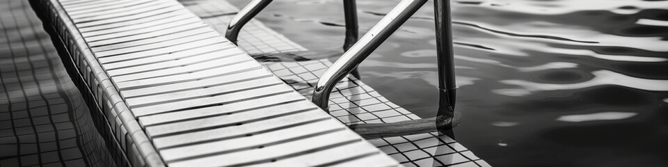 Black and White Swimming Pool Scene with Ladder and Calm Water Reflections