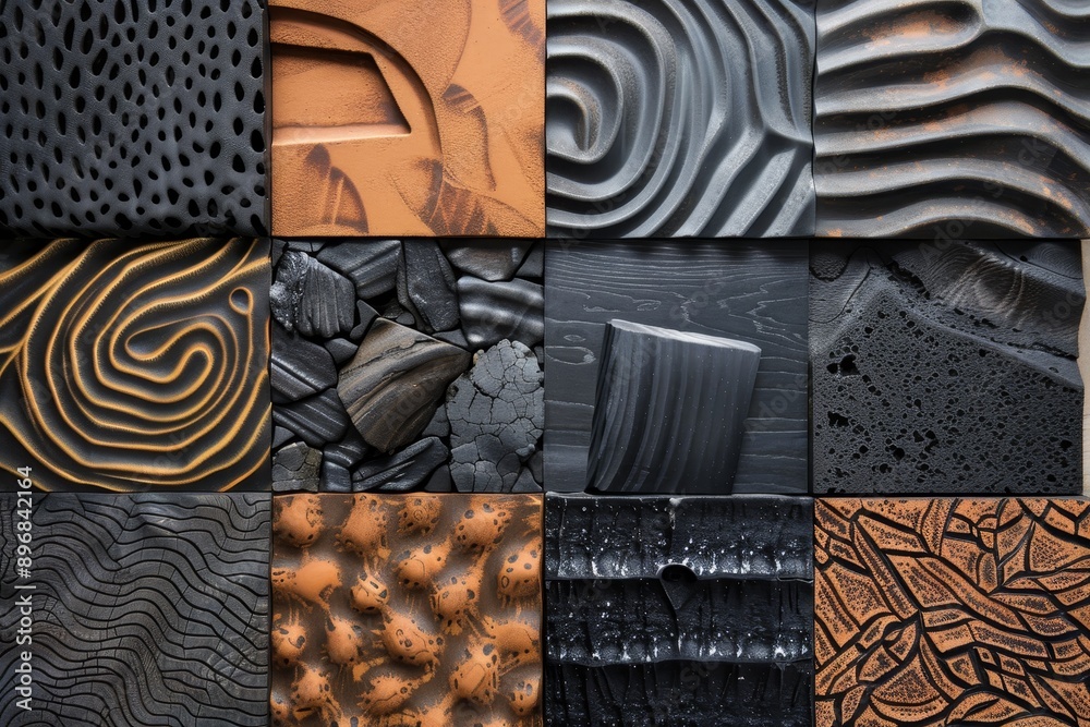 Poster collection of various black and brown artworks showcasing different shapes and patterns, experiment 