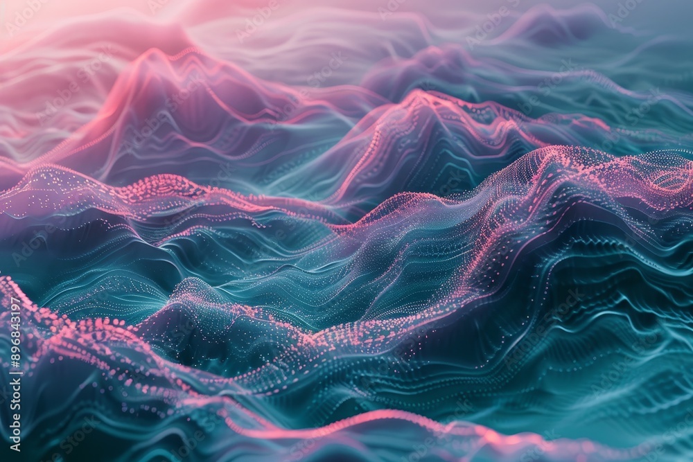 Poster an abstract composition featuring waves of blue and pink colors in a dynamic pattern, experiment wit