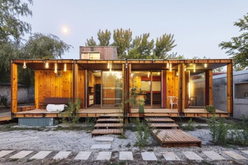 A wooden container house situated in the middle of a spacious yard, Experiment with modular construction techniques to minimize waste and maximize efficiency