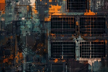 A neglected old building covered in rust with barred windows, showcasing neglect and decay, Experiment with varying textures and materials to create a visually striking facade