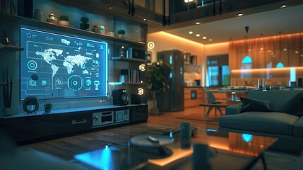 Smart home interior, interactive home automation interfaces, smart appliances in action, contemporary living space with IoT connectivity, ambient lighting. Copy space.