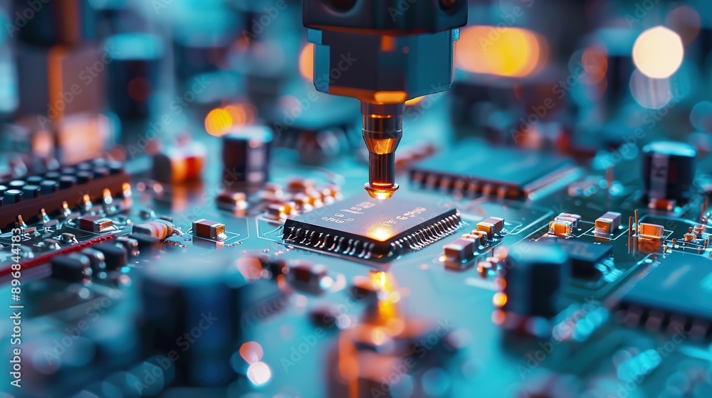 Poster component installation and quality control of circuit board. fully automated pcb assembly line equip
