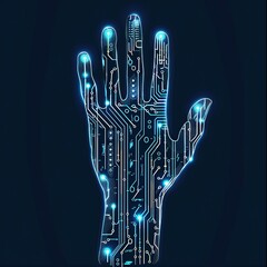 Naklejka premium flat vector graphics illustration against a blue neon Light background, computer art, 2D game art, circuitry in the shape of an outstretched palm with five fingers wide open using flat colors and a wh