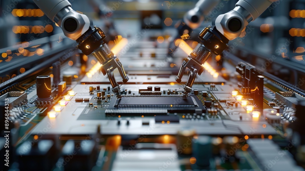 Poster component installation and quality control of circuit board. fully automated pcb assembly line equip