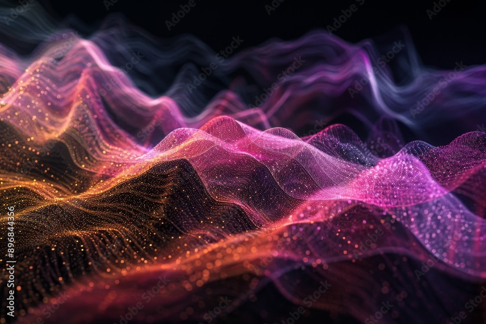 Poster abstract waves in vibrant colors sweep across a black backdrop, creating a visually striking pattern