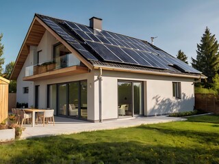 Close-up of a new suburban house with a photovoltaic system on the roof. Simple and modern environmentally friendly house with solar panels on the gable roof, with sunlight during the day