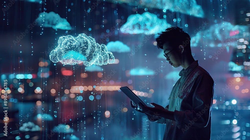 Poster digital technology, cloud computing concept. software engineer using mobile smart phone and laptop c