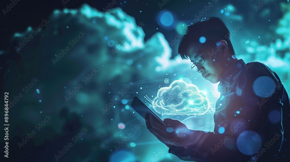 Poster digital technology, cloud computing concept. software engineer using mobile smart phone and laptop c