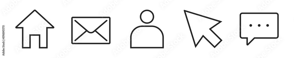 Poster user interface icon set. set of 5 outline icons related to message, bubble, user, sharing, commands 