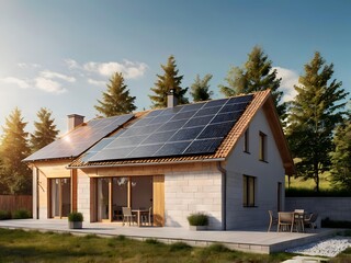 Obraz premium Close-up of a new suburban house with a photovoltaic system on the roof. Simple and modern environmentally friendly house with solar panels on the gable roof, with sunlight during the day