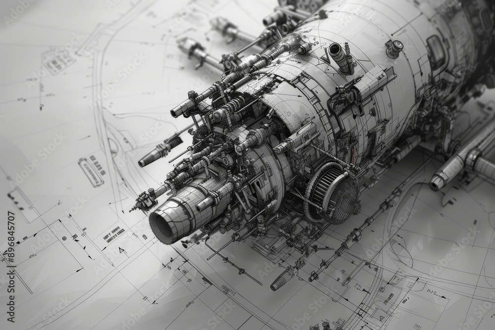 Poster a black and white drawing showcasing intricate details of a machine with a focus on perspective and 
