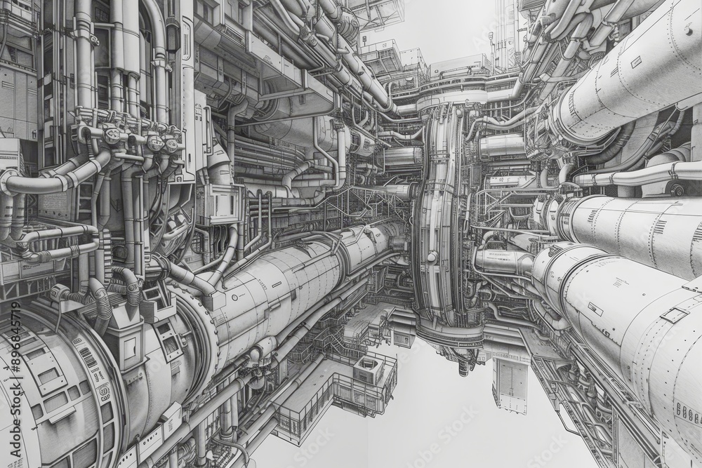 Poster detailed black and white drawing featuring a complex network of interconnected pipes and tubes, expe