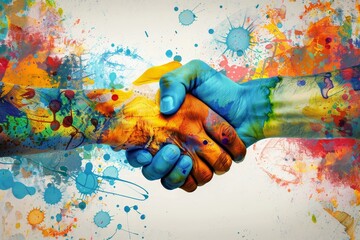 Two individuals shaking hands covered in vibrant paint splatters, Explore potential collaborations or partnerships for expanding reach and market presence