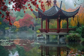 Obraz premium A Chinese pagoda stands surrounded by a tranquil pond, Explore the balance of nature and man-made structures in Chinese gardens
