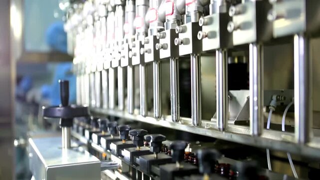 automatic mechanized production line fills glass bottles Industrial technological craft beer conveyor for bottling process in a wine factory