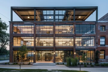 An industrial building featuring large windows and glass doors, showcasing a modern design, Explore the concept of adaptive reuse by repurposing an existing building for sustainable practices