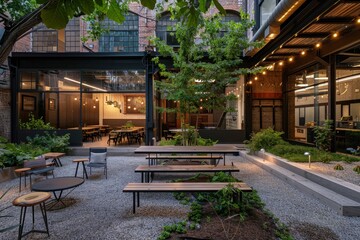 Courtyard surrounded by brick walls, featuring tables and benches for seating, Explore the concept of adaptive reuse by repurposing an existing building for sustainable practices