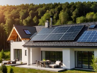 Close-up of a new suburban house with a photovoltaic system on the roof. Simple and modern environmentally friendly house with solar panels on the gable roof, with sunlight during the day