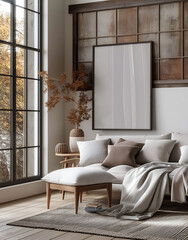 Aesthetic minimalist room interior design. Mockup picture frames. Mock up poster on the walls. Copy space. Clean scandi apartment for decoration. Neutral colors. Modern style.