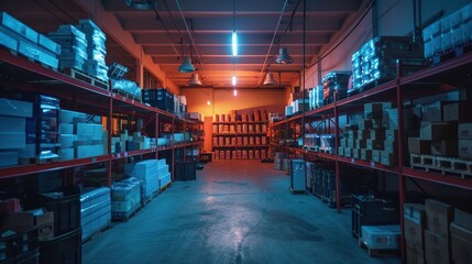 Industrial Warehouse Interior with Storage Shelves and Boxes