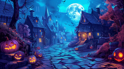 Halloween night background with haunted house and pumpkins in the style of digital painting