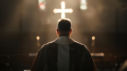 Naklejka premium A priest stands before a cross in a church, bathed in soft light. The image conveys faith and spirituality.