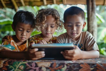 Three young kids gathered around a tablet device, engrossed in what they see on the screen, Explore the integration of digital tools in traditional educational settings