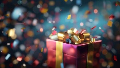 A red gift box with a golden ribbon is surrounded by colorful confetti, celebrating a special occasion.