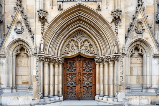 A detailed Gothic doorway in a cathedral, showcasing intricate carvings and architectural grandeur, Explore the imposing presence of Gothic doorways and portals, often adorned with intricate carvings