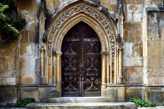 Grand Entrance to Historic Church, Explore the imposing presence of Gothic doorways and portals, often adorned with intricate carvings