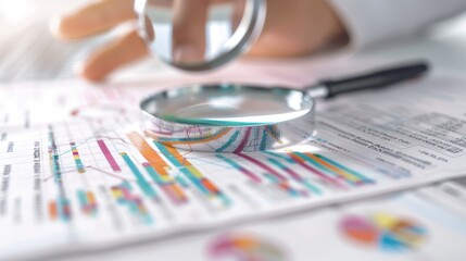 Fototapeta premium Business Analysis Concept - Fingers Holding Magnifying Glass over Documents for Examination and Research, Generative Ai