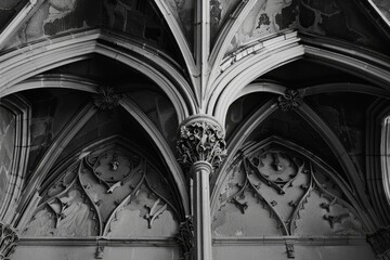 Black and white image of a gothic structure featuring intricately detailed pointed arches, Explore the intricate details of pointed arches and ribbed vaults in Gothic architecture