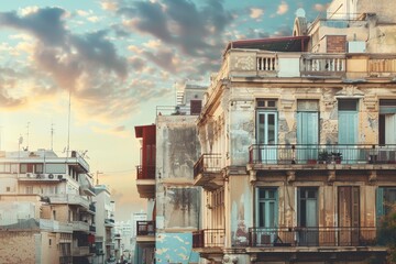 Fototapeta premium Old Buildings in a City at Sunset, Explore the juxtaposition of old and new by blending traditional Greek architectural elements with a modern cityscape