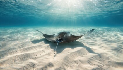Fototapeta premium A stingray glides gracefully through crystal clear water, sunlight filtering through the surface.