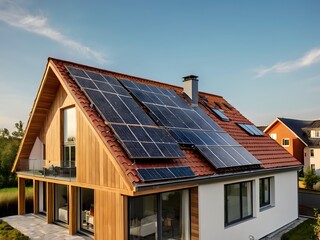 Fototapeta premium Close-up of a new suburban house with a photovoltaic system on the roof. Simple and modern environmentally friendly house with solar panels on the gable roof, with sunlight during the day
