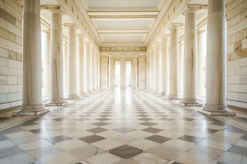 Naklejka premium A hallway with symmetrical columns and a checkered floor, Explore the use of symmetry and balance in neoclassical architecture to create harmonious compositions