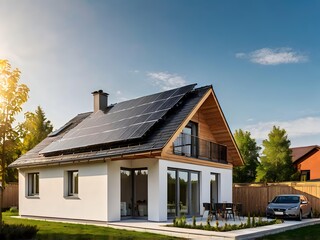Close-up of a new suburban house with a photovoltaic system on the roof. Simple and modern environmentally friendly house with solar panels on the gable roof, with sunlight during the day