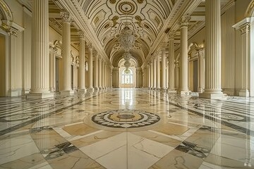 Obraz premium Ornate Hallway With Columns and Marble Floors, Explore the use of symmetry and balance in neoclassical architecture to create harmonious compositions