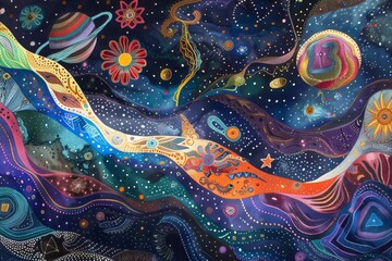 Obraz premium A vibrant painting displaying a galaxy filled with colorful planets and shining stars, Explore the vast expanse of space with intricate patterns and vibrant colors
