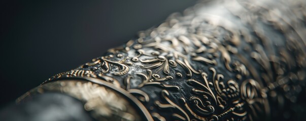 Close up of ornate silver textured surface.