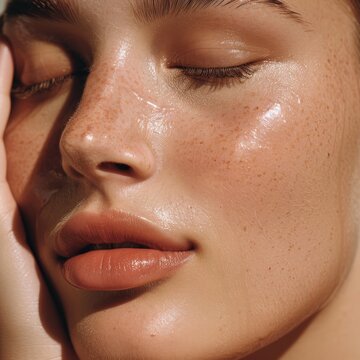 A woman with freckles on her face looking at the camera, Exploring different techniques for achieving smooth skin
