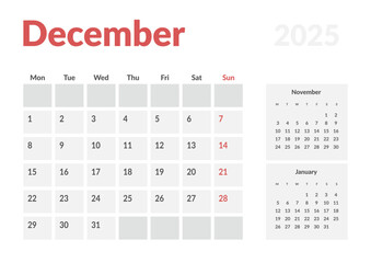 Monthly page Calendar Planner Templates of December 2025. Vector layout of simple calendar with week start Monday for print. Page for size A4 or 21x29.7 cm