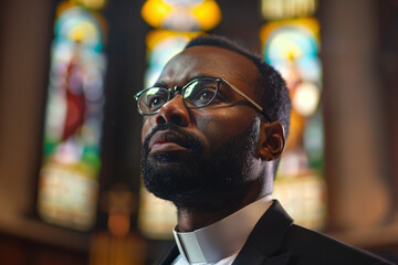 Fototapeta premium Religious man looks at the camera with serenity, peace and optimism. African-American catholic priest is smiling on slack studio background. Copy paste empty place or text 