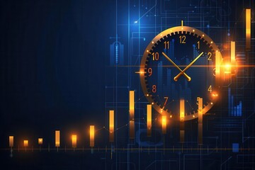 A modern clock and graph illustration representing time and financial growth in a digital landscape.