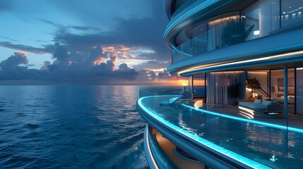 Luxury Yacht Infinity Pool with Ocean View at Sunset
