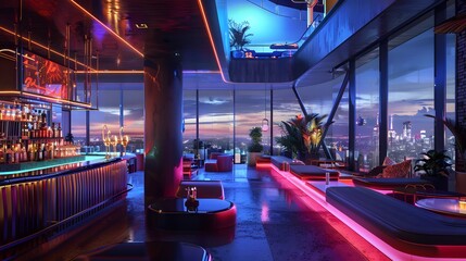 A futuristic urban escape with bioluminescent rooftop bars and holographic cityscape views promoting vibrant travel style